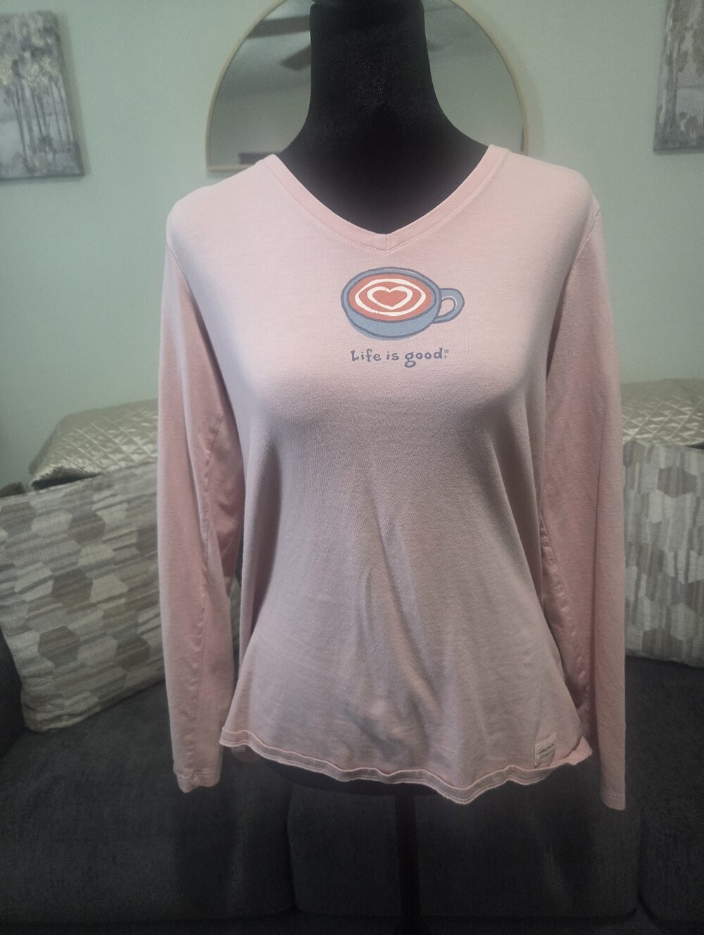 Life Is Good Light Pink Long Sleeve V-Neck Tee with Coffee Heart Graphic